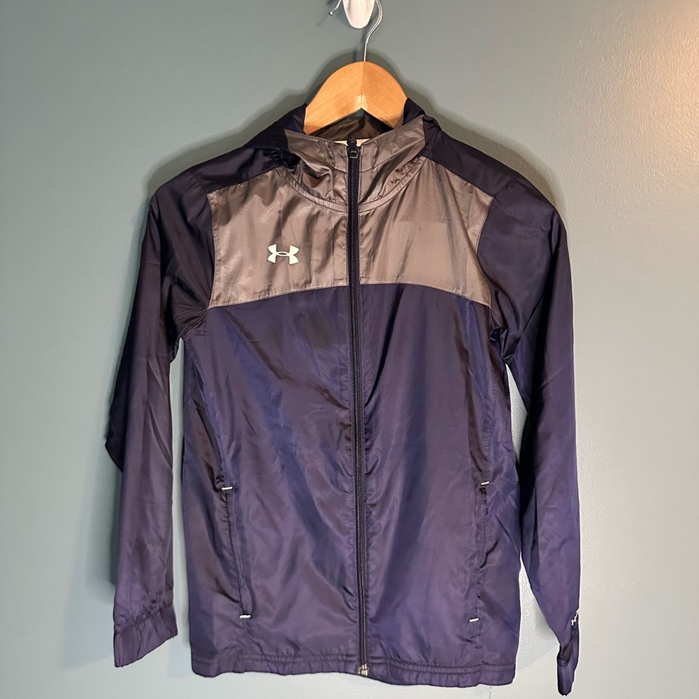 Under Armour Kids Medium 10/12 Windbreaker Jacket Youth Navy and Charcoal Hooded
